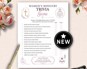 May include: A white Women's Ministry Trivia Game sheet with a pink and gold design. The trivia game includes questions about women in the Bible. A black circle with a white star and the word "NEW" is on the right side.