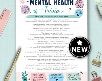 May include: A colorful mental health trivia game sheet with questions and answers. The sheet includes the title "Mental Health Trivia" and various illustrations, including a brain and hearts. A "NEW" sticker is on the right side.