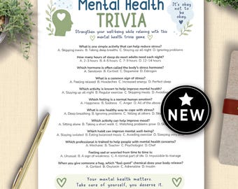 May include: A printed mental health trivia game sheet with questions and answers. The title "Mental Health Trivia" is at the top, with the words "It's okay not to be okay" in the upper right corner. A "NEW" sticker is on the bottom right.
