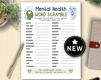 May include: A white Mental Health Word Scramble game sheet with a green heart and leaf design. The sheet includes scrambled words and fill-in-the-blank lines. A black and white "NEW" sticker is on the right.