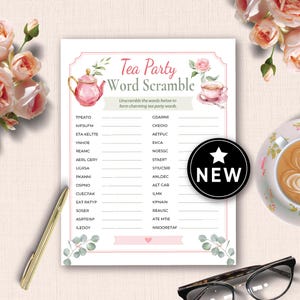 May include: A printable "Tea Party Word Scramble" game sheet with a pink teapot and teacup illustration. The game sheet has a pink border and includes a "NEW" sticker. A gold pen, glasses, and a cup of coffee are also in the image.