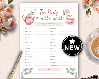 May include: A printable "Tea Party Word Scramble" game sheet with a pink teapot and teacup illustration. The game sheet has a pink border and includes a "NEW" sticker. A gold pen, glasses, and a cup of coffee are also in the image.