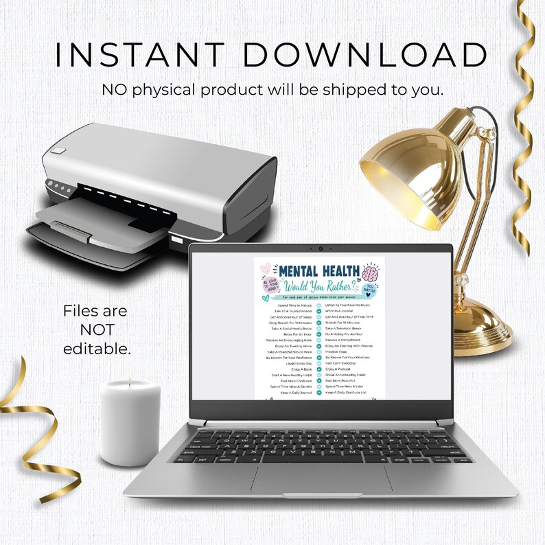 May include: A digital mental health game titled Mental Health Would You Rather displayed on a laptop screen. The image includes a printer, a gold desk lamp, and a white candle. Text on the screen lists various self-care activities and prompts.