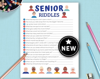 May include: A white paper sheet titled Senior Riddles in blue text, featuring twenty numbered questions with blank lines for answers. The page is decorated with colorful illustrations of diverse older adults and includes a black circular badge with a white star and the text NEW.