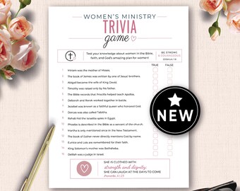 May include: A white trivia game sheet with the text "WOMEN'S MINISTRY TRIVIA game". The sheet includes a list of questions about women in the Bible, with "TRUE" and "FALSE" check boxes. A "NEW" sticker is on the right.