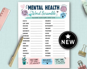 May include: A Mental Health Word Scramble game sheet with a light blue background. The sheet features a list of scrambled words related to mental health, with the words "Mental Health Word Scramble" at the top. A "NEW" sticker is on the right.