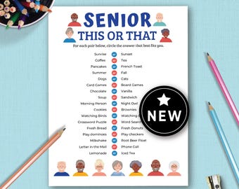 May include: A white paper game sheet titled Senior This or That with blue text and illustrations of diverse seniors. The list includes pairs like Sunrise or Sunset, Coffee or Tea, and Pancakes or French Toast. A black circular sticker says NEW.