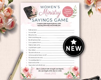 May include: A Women's Ministry Sayings Game, featuring a floral design and the word "NEW" on a black circle. The game includes faith-inspired phrases and is designed for fellowship and fun. A pen and glasses are in the image.