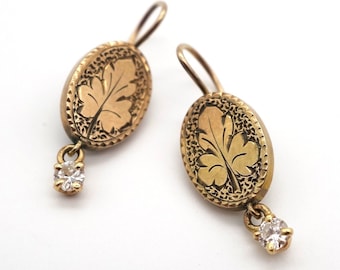 14k Victorian diamond earrings! Victorian oak leaf earrings, 14k Victorian earrings, 14k diamond earrings, 1800's earrings, Victorian gold