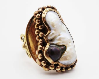 14k mabe pearl ring, 14k rose gold, 14k pearl ring, 14k black pearl ring, large pearl ring, statement ring, brutalist ring, cocktail ring