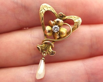 14k Art Nouveau diamond lavalier! 14k diamond pendant, 14k pearl lavalier, Art Nouveau pearl pendant, 14k flower diamond necklace, 14k heart