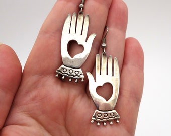 Large sterling Harlequin hand earrings! 925 hand earrings, heart earrings, zanni earrings, Commedia dell'arte, theater earrings, theatre