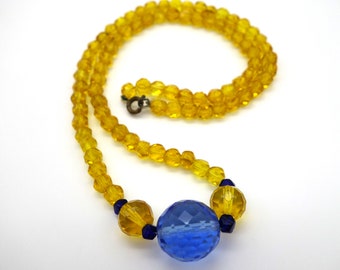 Art Deco necklace! flapper necklace, 1920's necklace, citrine glass necklace, faceted bead necklace, yellow bead necklace blue bead necklace