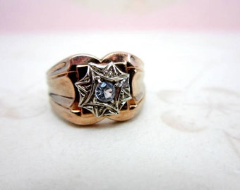 18k Art Deco ring, 18k rose gold ring, 18k ring, 18k white gold ring, star ring, clear stone ring Italian ring Italian gold ring size 7 ring