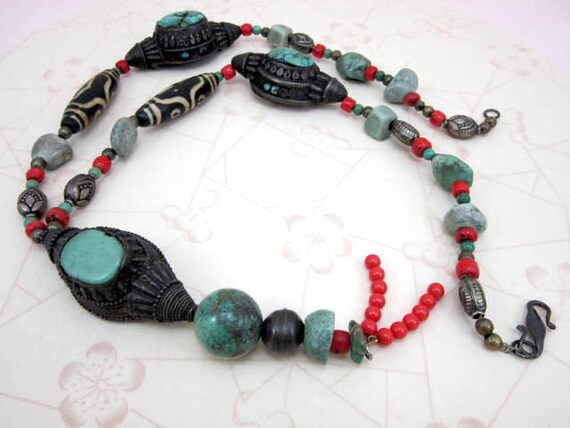 Antique Tibetan hair bead necklace! Sterling turquoise necklace, coral necklace, dzi bead necklace, antique Asian necklace oriental necklace
