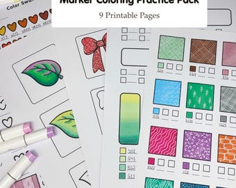 Marker Practice Pages Printable, Coloring Pages, Blending & Swatch Worksheets, Pattern Templates, Botanical Leaves PDF, Digital Download