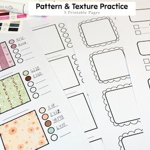 Könnte beinhalten: Eine Sammlung von druckbaren Seiten zum Üben von Mustern und Texturen. Die Seiten zeigen verschiedene Designs, darunter Streifen, Blumenmuster und leere Vorlagen zum Skizzieren. Der Text "Pattern & Texture Practice" und "5 Printable Pages" ist sichtbar.