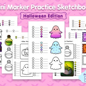 Op de afbeelding: Een Mini Marker Practice Sketchbook Halloween Edition met meerdere printbare pagina's met contouren van geesten, pompoenen, heksenhoeden, ketels en toverdrankflesjes. De vellen bevatten kleurcirkels en oefenvakken voor A4-afdrukken.