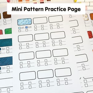 May include: White paper sheets with a "Mini Pattern Practice Page" header. The sheets feature rectangular boxes for color swatches and small squares for color matching. Various colored swatches are filled in, with corresponding color codes.