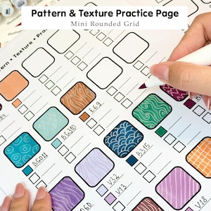 May include: A white sheet with a grid of colored squares labeled "Pattern & Texture Practice Page." A hand is holding a white marker and coloring a purple patterned square. Various colored markers are in the background.