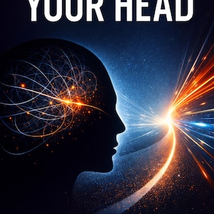 May include: Book cover with the title "GET OUT OF YOUR HEAD" in white. A head silhouette is on the left, with lines inside. Bright light bursts from the right. Text below reads: The No-Fluff Guide to Silencing Overthinking, Beating Decision Paralysis & Taking Your Life Back.