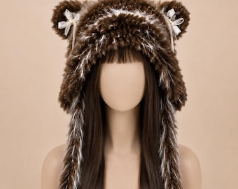 Gorro de piel sintética con orejas de oso, gorro de invierno de felpa marrón, gorro de animal kawaii.
