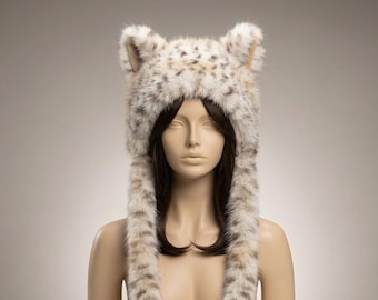 Handmade Plush Snow Leopard Hat with Ears | Warm Faux Fur Trapper Scoodie