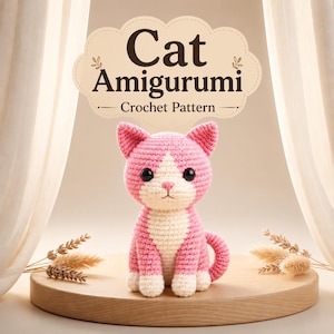May include: A pink and cream crocheted cat amigurumi with large black eyes and a small pink nose. Above the cat, a decorative label displays the text Cat Amigurumi Crochet Pattern in dark brown lettering against a light beige background.