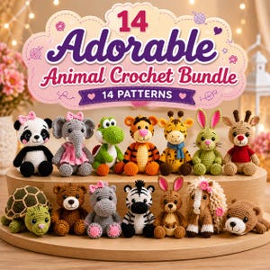 Puede incluir: Una colección de 14 figuras de animales tejidas a ganchillo que incluye un panda, elefante, tortuga, oso, cebra y jirafa. El letrero dice 14 Adorable Animal Crochet Bundle 14 PATTERNS. Cada figura está elaborada con hilo de varios colores.
