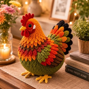 May include: A crochet chicken figurine featuring a vibrant color palette of orange, red, green, brown, and black yarn. The stuffed animal has a textured feather pattern, a bright red comb and wattle, a yellow beak, and two yellow feet.