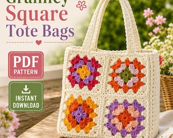 Boho Grandma Square Tote Bag Patroon PDF-handleiding voor handgemaakte tassen, retro boho-stijl, schoudertas, gehaakte tas, boodschappentas, PDF-video