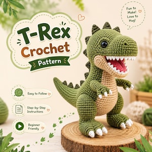 May include: A crochet T-Rex toy with olive green skin, a tan belly, and white claws. The text reads T-Rex Crochet Pattern, Fun to Make! Love to Hug!, Easy to Follow, Step-by-Step Instructions, and Beginner Friendly. The toy has black eyes.