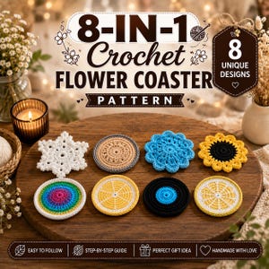May include: Eight crochet flower coasters featuring diverse designs including a white snowflake, a tan circle, a blue flower, a yellow sunflower, a rainbow circle, a yellow lemon slice, a black and blue circle, and a yellow lemon slice.