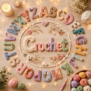 Op de afbeelding: Een verzameling gehaakte letters in pasteltinten, gerangschikt in een cirkel rond het woord Crochet, dat ook uit gehaakte letters bestaat. De letters zijn versierd met kleine bloemen en het geheel is omringd door bollen wol.