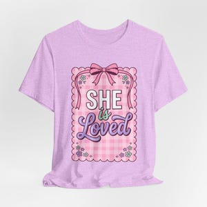 She Is Loved Tee | Christian faith shirt, pastel rainbow scripture quote