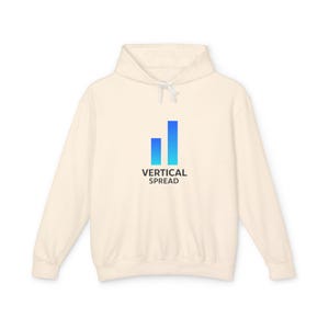 May include: Cream-colored hoodie with a drawstring hood. The front features a graphic of two vertical blue bars, one shorter than the other, above the words "VERTICAL SPREAD" in a sans-serif font. The hoodie has long sleeves and a kangaroo pocket.