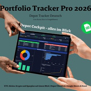 Könnte beinhalten: Ein Tablet mit Finanzdaten, gehalten von mehreren Händen. Der Bildschirm zeigt Diagramme mit einer Farbpalette aus Blau, Grün, Gelb und Rot. Der Text oben lautet "Portfolio Tracker Pro 2026" und "Depot Cockpit - alles im Blick".