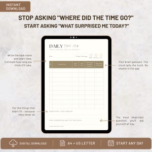 Può includere: Una pagina di pianificazione digitale per il registro del tempo giornaliero con il testo STOP ASKING WHERE DID THE TIME GO? START ASKING WHAT SURPRISED ME TODAY? Il layout include sezioni per data, livelli di energia, attività e note.