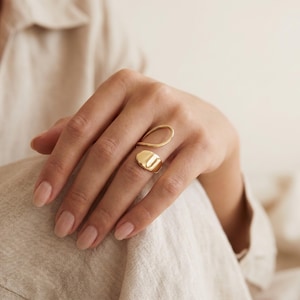 14K Gold Tone Asymmetrical Ring, Adjustable Brass Statement Ring, Smooth Minimalist Jewelry, Abstract Open Ring, Modern Geometric Gift Her