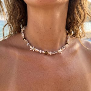 May include: A choker necklace featuring a series of small, natural spiral seashells interspersed with two white starfish charms, small metallic gold-toned beads, and dark brown, smooth, round stone beads arranged in a repeating pattern.