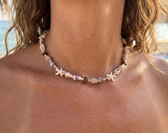 Real Seashell Choker Necklace, Dainty Gold Brass Shell Jewelry, Natural Stone Beach Necklace, Boho Summer Vacation Accessory, Gift for Her