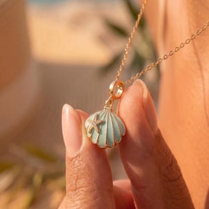 Mint Green & Pink Enamel Seashell Locket Necklace, Steel Chain, Brass Starfish Pendant, Openable Ocean Jewelry, Beach Coastal Gift for Her