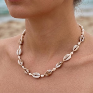 Real Cowrie Shell Necklace, Gold Brass Beaded Shell Choker, Coastal Sea Shell Collar, Natural Beach Jewelry, Ocean Boho Gift for Her