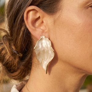 Large Leaf Enamel Earrings, Oversized Pearly Drops, Water Resistant Brass Jewelry, Organic Gold Statement, Bridal Gift Her, Wedding Jewelry