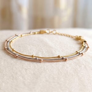 Stainless Steel Tri Color Bracelet, Mixed Metal Layered Chain, Gold Silver Rose Gold Jewelry, Beaded Snake Chain, Tarnish Free Gift for Her
