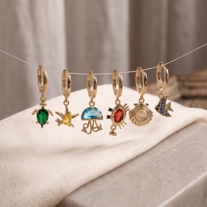 Ocean Theme Earring Set of 6, Gold Brass Sea Life Huggies, Zirconia Water Resistant Studs, Turtle Starfish Jellyfish Crab Shell Fish Earring