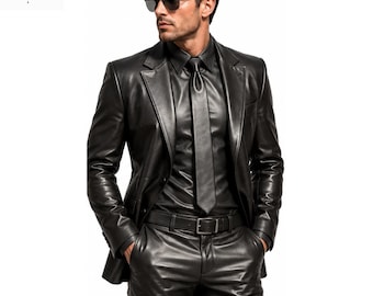 Formelle Business-Meetings 4-teiliger Anzug - Hochzeits-Outfit - Echtleder-Mantel-Hose-Shirt & Krawatte