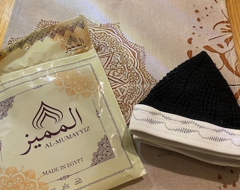 Masri Kufi Hat: Hand-Stitched Cotton, Black and White, Stretchy Fit