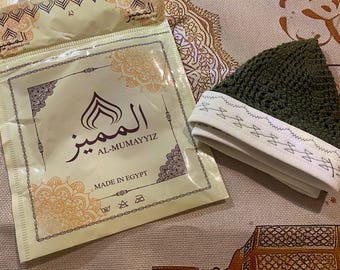 Hand Knitted Green Kufi Hat: White Band, Cotton, Masri Style, Made in Egypt