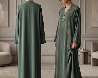 Sage Green Embroidered Abaya | Gold Trim Modest Dress